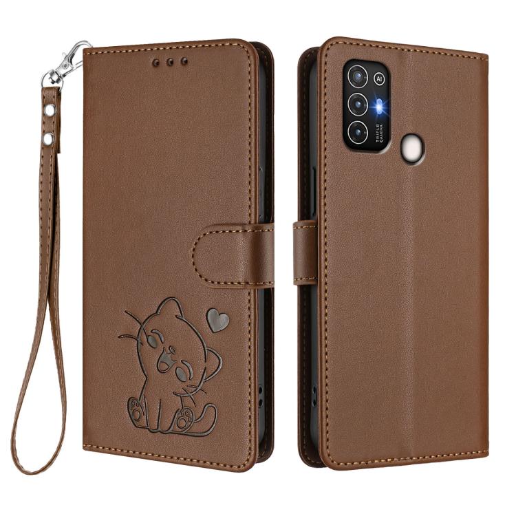For ZTE Blade A52 Embossed Heart Cat Leather Phone Case with Hand Strap