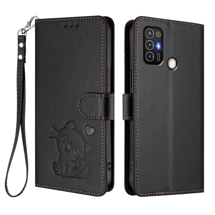 For ZTE Blade A52 Embossed Heart Cat Leather Phone Case with Hand Strap