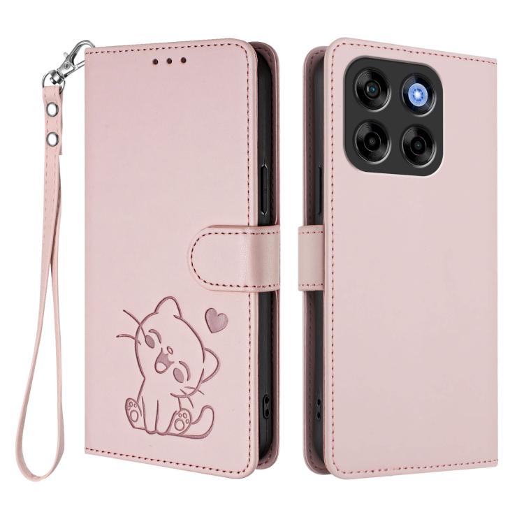 For ZTE Blade V70 Embossed Heart Cat Leather Phone Case with Hand Strap