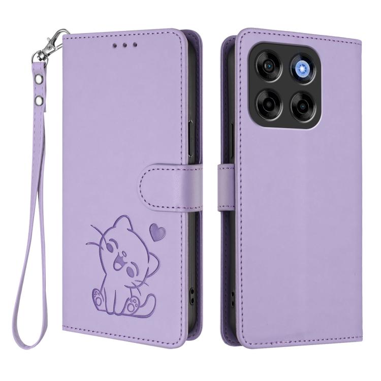 For ZTE Blade V70 Embossed Heart Cat Leather Phone Case with Hand Strap