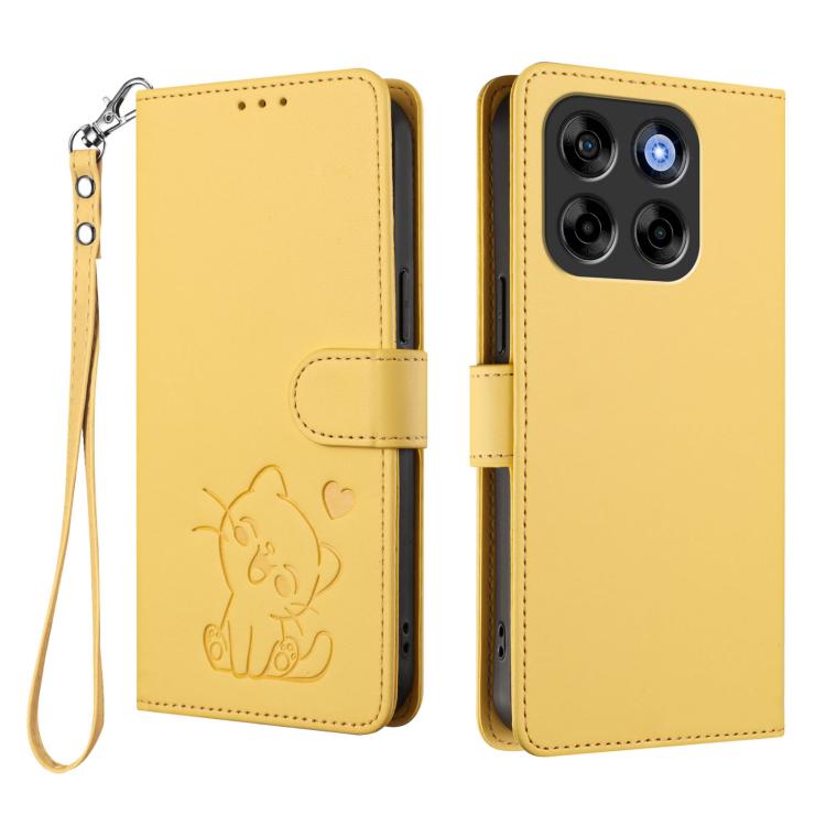 For ZTE Blade V70 Embossed Heart Cat Leather Phone Case with Hand Strap
