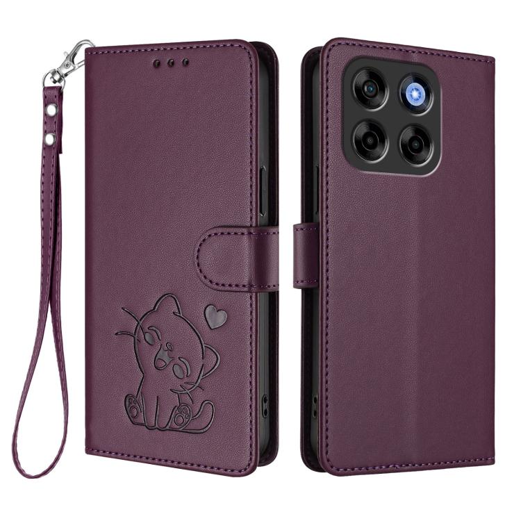 For ZTE Blade V70 Embossed Heart Cat Leather Phone Case with Hand Strap