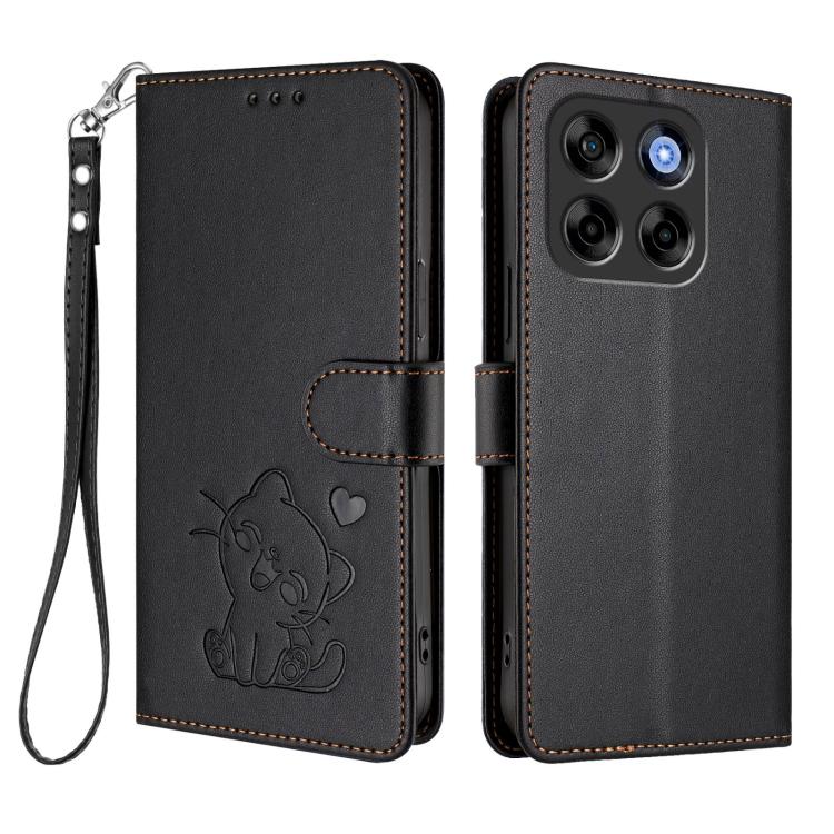 For ZTE Blade V70 Embossed Heart Cat Leather Phone Case with Hand Strap