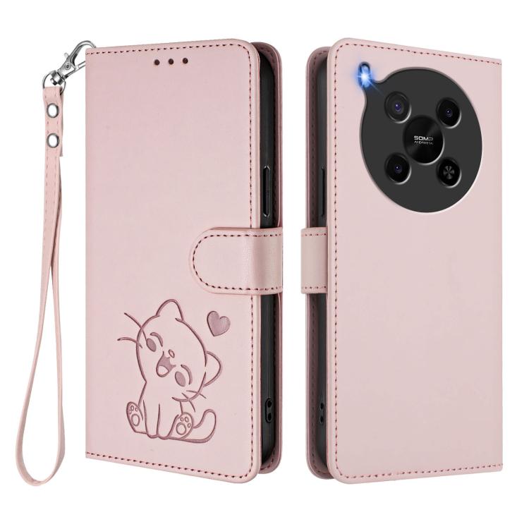 For ZTE Blade V70 Max Embossed Heart Cat Leather Phone Case with Hand Strap