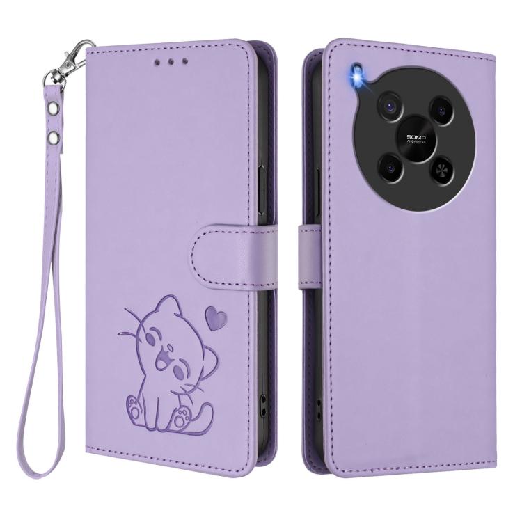 For ZTE Blade V70 Max Embossed Heart Cat Leather Phone Case with Hand Strap