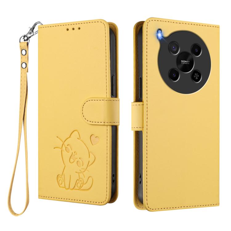 For ZTE Blade V70 Max Embossed Heart Cat Leather Phone Case with Hand Strap