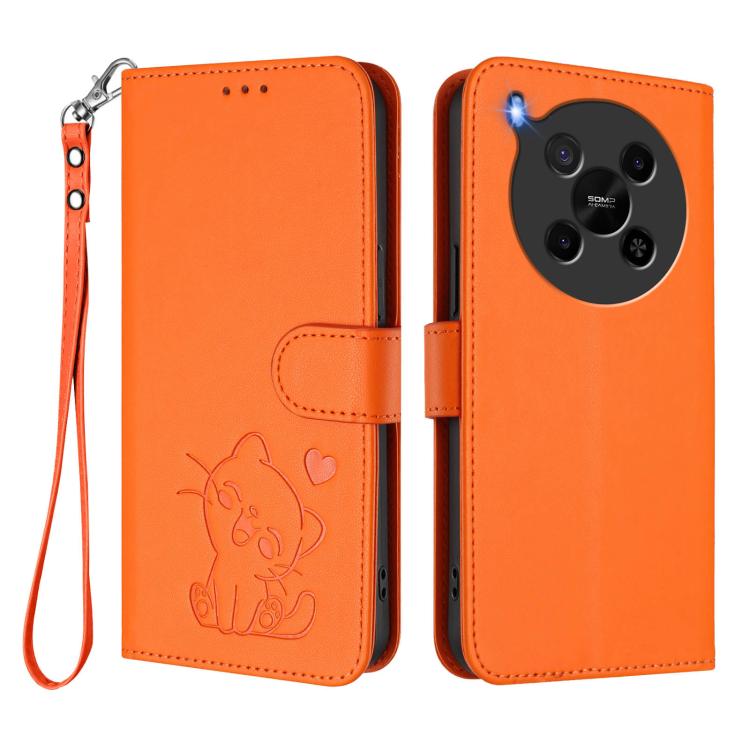 For ZTE Blade V70 Max Embossed Heart Cat Leather Phone Case with Hand Strap