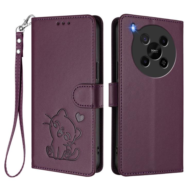 For ZTE Blade V70 Max Embossed Heart Cat Leather Phone Case with Hand Strap