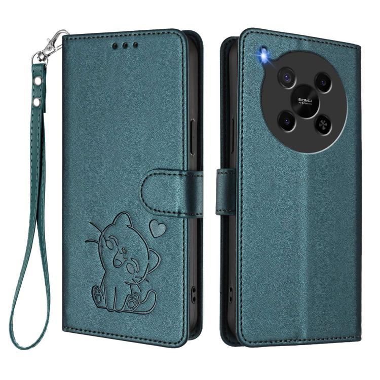For ZTE Blade V70 Max Embossed Heart Cat Leather Phone Case with Hand Strap
