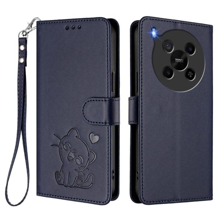 For ZTE Blade V70 Max Embossed Heart Cat Leather Phone Case with Hand Strap