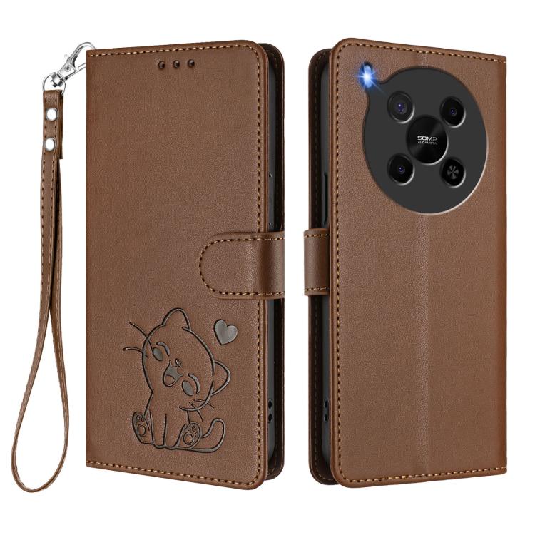 For ZTE Blade V70 Max Embossed Heart Cat Leather Phone Case with Hand Strap