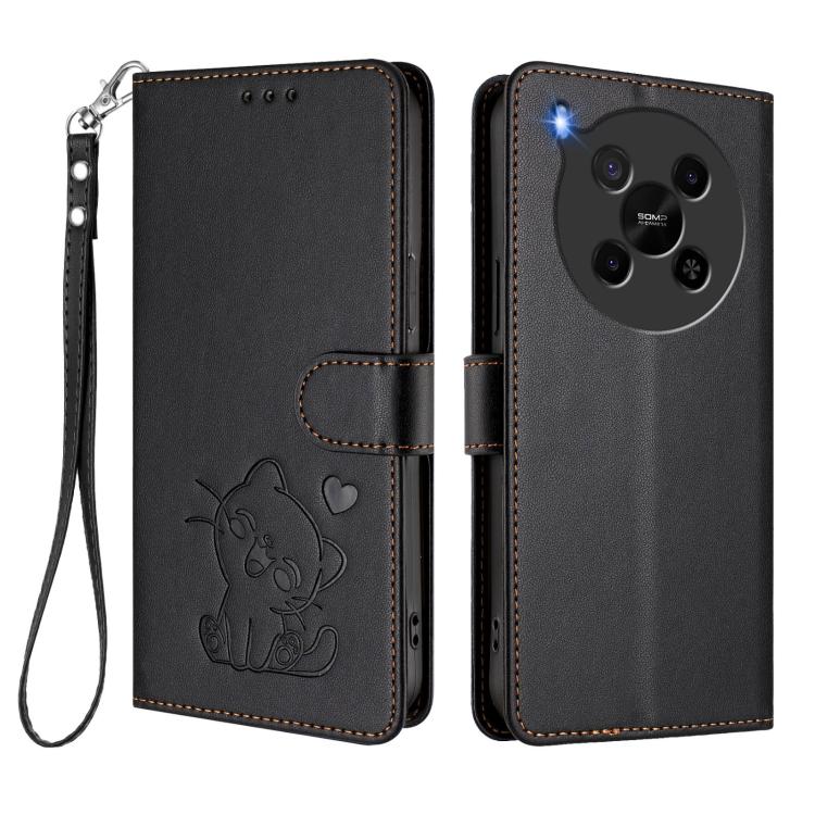 For ZTE Blade V70 Max Embossed Heart Cat Leather Phone Case with Hand Strap