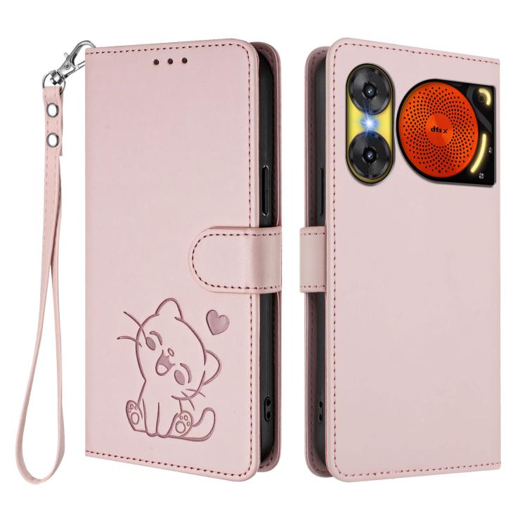 For ZTE nubia Music 2 Embossed Heart Cat Leather Phone Case with Hand Strap