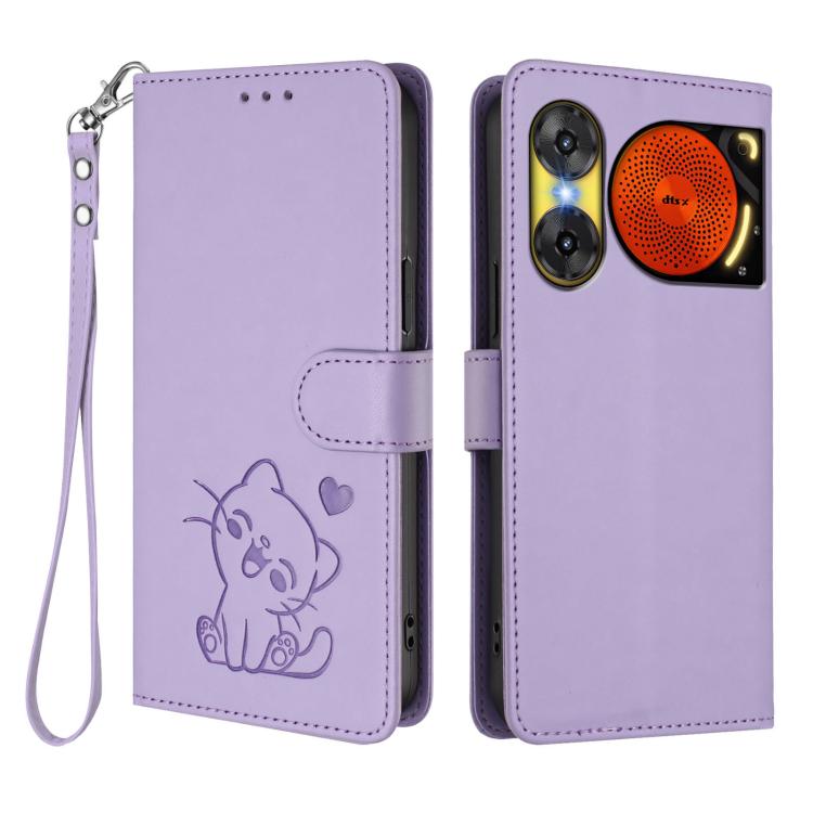 For ZTE nubia Music 2 Embossed Heart Cat Leather Phone Case with Hand Strap