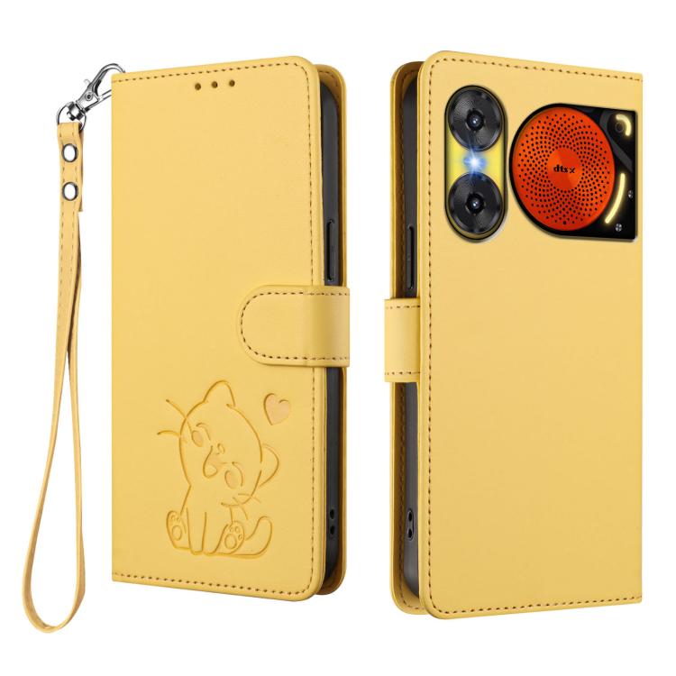For ZTE nubia Music 2 Embossed Heart Cat Leather Phone Case with Hand Strap