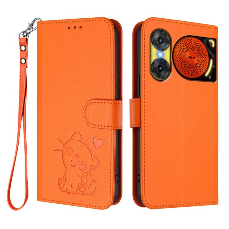 For ZTE nubia Music 2 Embossed Heart Cat Leather Phone Case with Hand Strap
