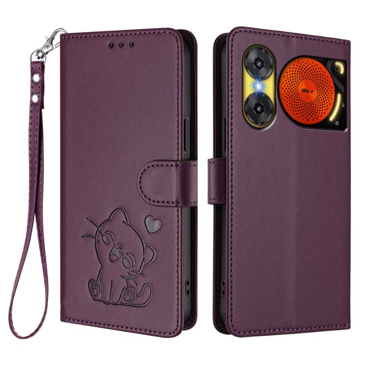 For ZTE nubia Music 2 Embossed Heart Cat Leather Phone Case with Hand Strap