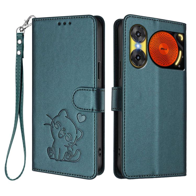 For ZTE nubia Music 2 Embossed Heart Cat Leather Phone Case with Hand Strap