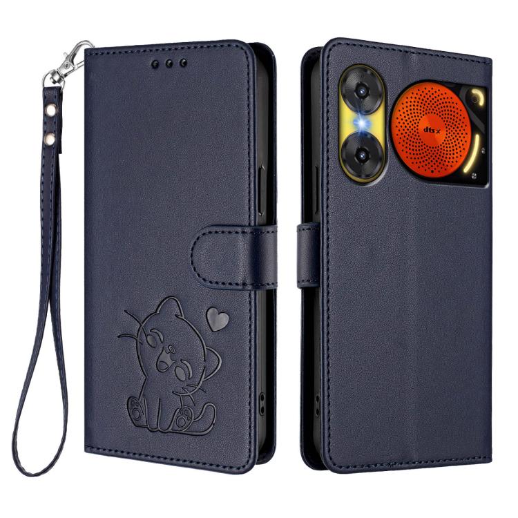 For ZTE nubia Music 2 Embossed Heart Cat Leather Phone Case with Hand Strap