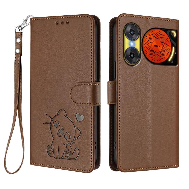 For ZTE nubia Music 2 Embossed Heart Cat Leather Phone Case with Hand Strap