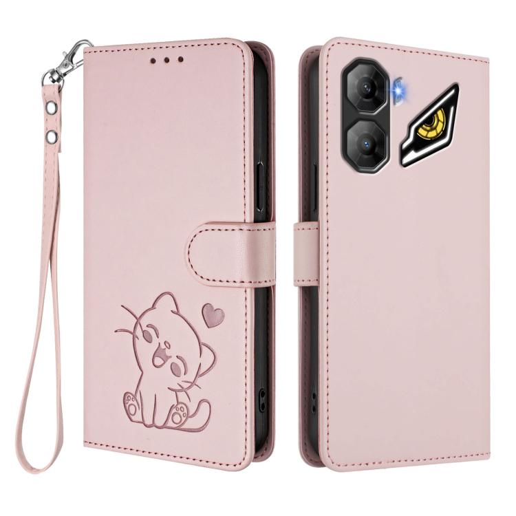 For ZTE nubia Neo 3 Embossed Heart Cat Leather Phone Case with Hand Strap