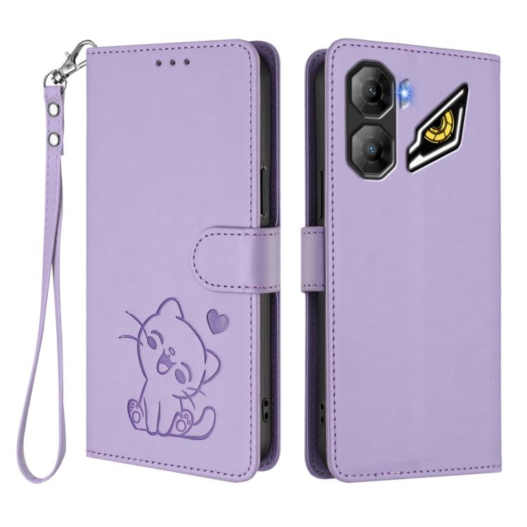 For ZTE nubia Neo 3 Embossed Heart Cat Leather Phone Case with Hand Strap