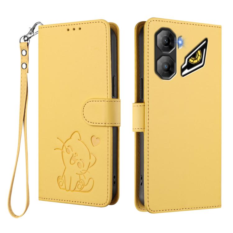 For ZTE nubia Neo 3 Embossed Heart Cat Leather Phone Case with Hand Strap