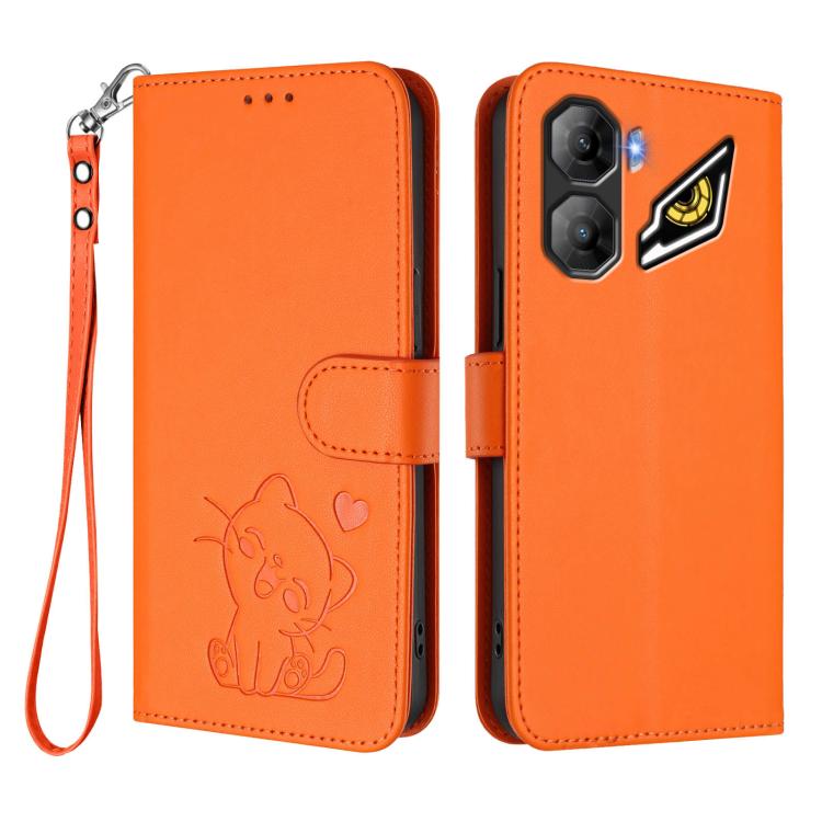 For ZTE nubia Neo 3 Embossed Heart Cat Leather Phone Case with Hand Strap