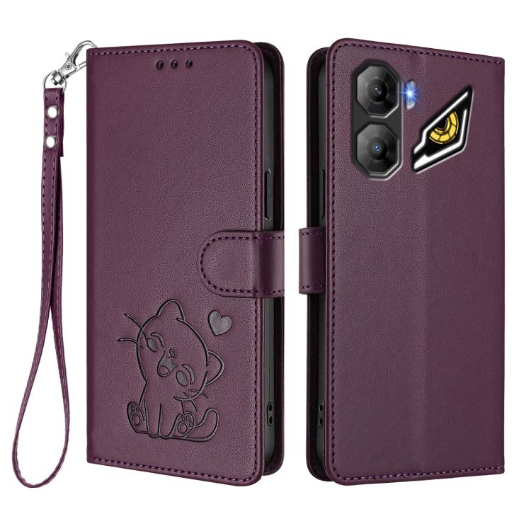 For ZTE nubia Neo 3 Embossed Heart Cat Leather Phone Case with Hand Strap