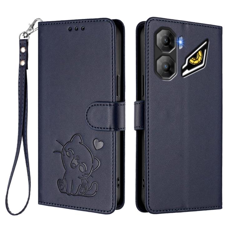 For ZTE nubia Neo 3 Embossed Heart Cat Leather Phone Case with Hand Strap
