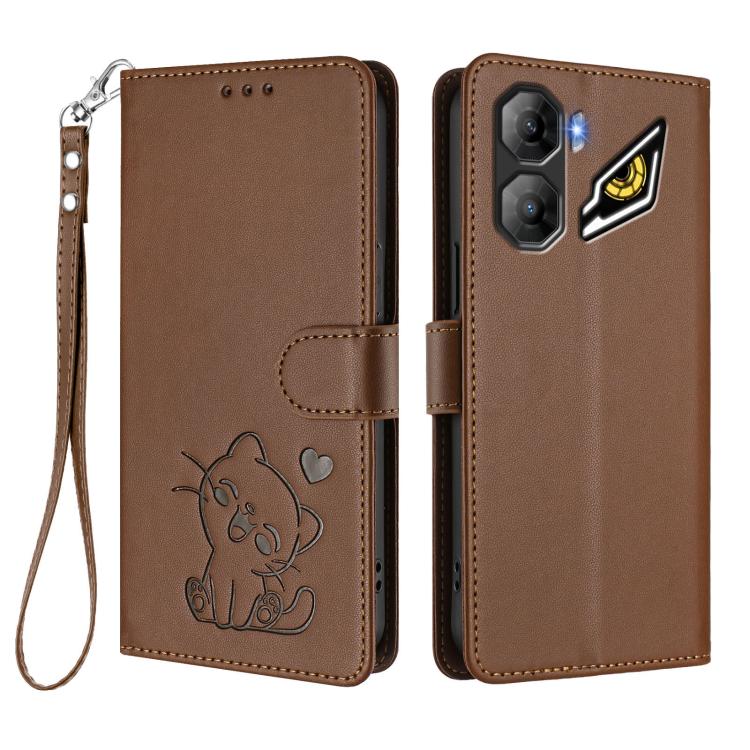 For ZTE nubia Neo 3 Embossed Heart Cat Leather Phone Case with Hand Strap