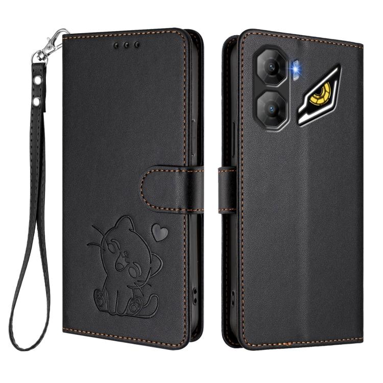 For ZTE nubia Neo 3 Embossed Heart Cat Leather Phone Case with Hand Strap