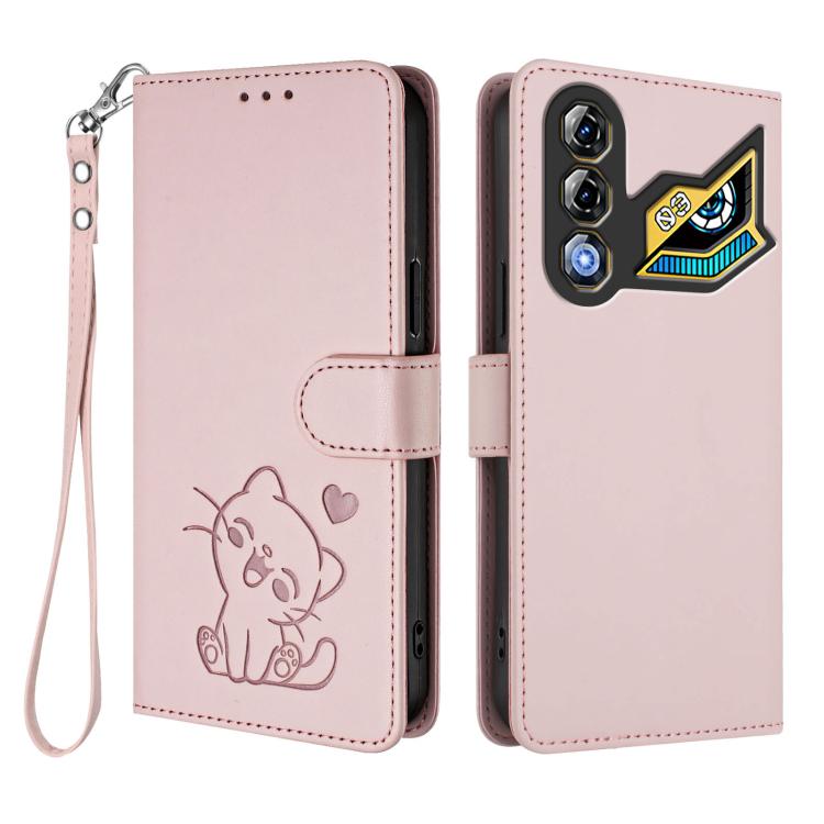 For ZTE nubia Neo 3 GT 5G Embossed Heart Cat Leather Phone Case with Hand Strap