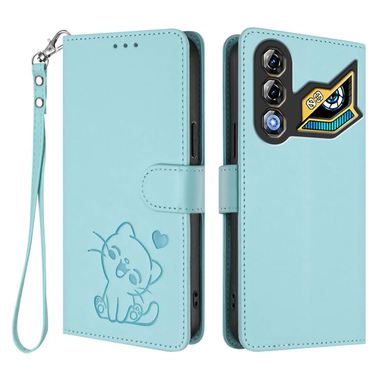 For ZTE nubia Neo 3 GT 5G Embossed Heart Cat Leather Phone Case with Hand Strap