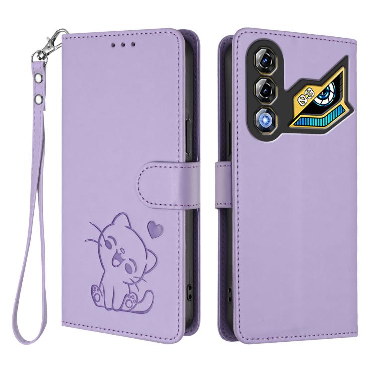For ZTE nubia Neo 3 GT 5G Embossed Heart Cat Leather Phone Case with Hand Strap