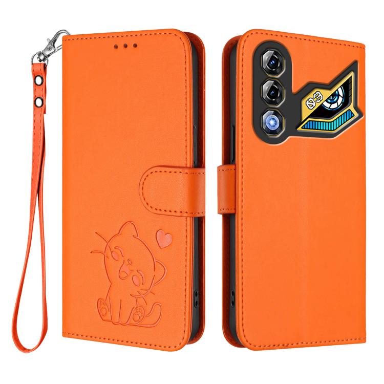 For ZTE nubia Neo 3 GT 5G Embossed Heart Cat Leather Phone Case with Hand Strap