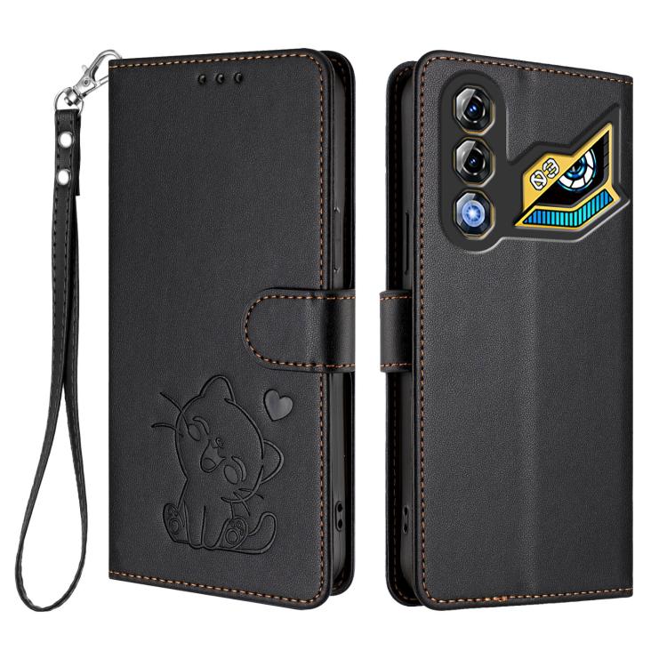 For ZTE nubia Neo 3 GT 5G Embossed Heart Cat Leather Phone Case with Hand Strap