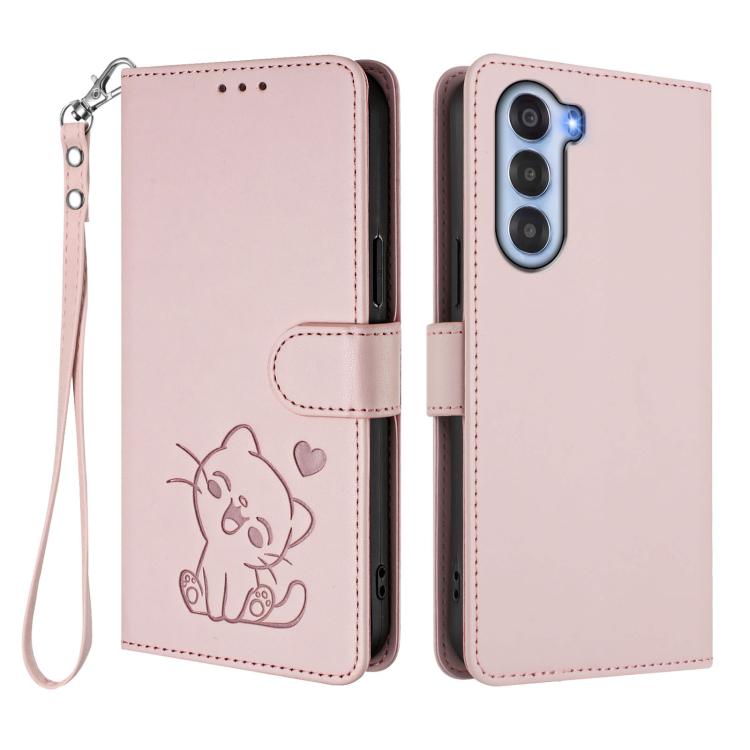 For ZTE nubia S 5G A403ZT Embossed Heart Cat Leather Phone Case with Hand Strap