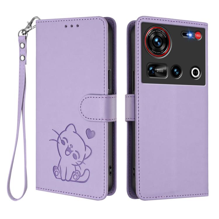 For ZTE nubia Z70 Ultra Embossed Heart Cat Leather Phone Case with Hand Strap