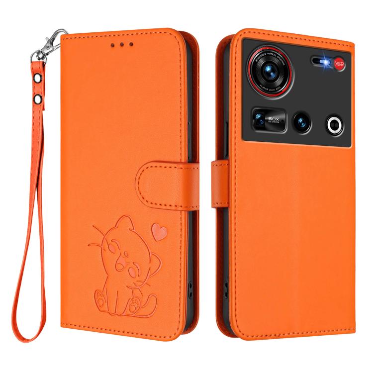 For ZTE nubia Z70 Ultra Embossed Heart Cat Leather Phone Case with Hand Strap