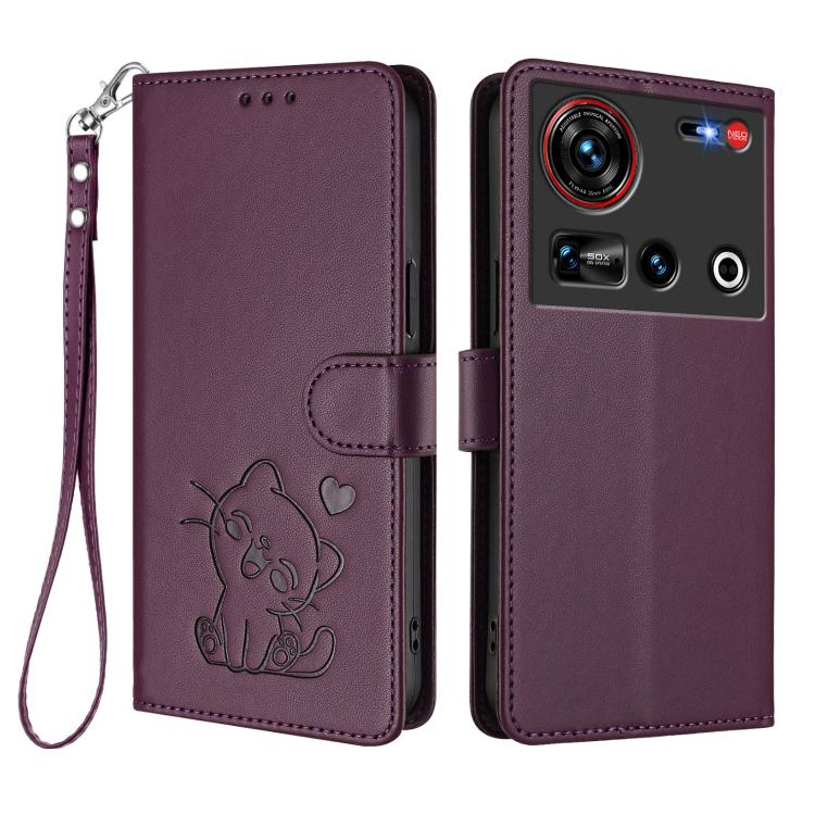 For ZTE nubia Z70 Ultra Embossed Heart Cat Leather Phone Case with Hand Strap