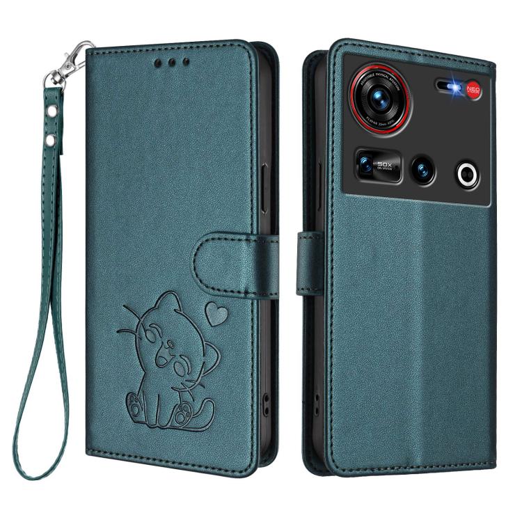 For ZTE nubia Z70 Ultra Embossed Heart Cat Leather Phone Case with Hand Strap