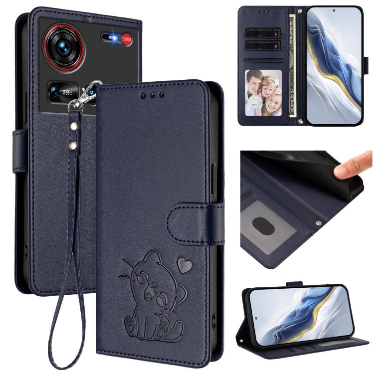 For ZTE nubia Z70 Ultra Embossed Heart Cat Leather Phone Case with Hand Strap
