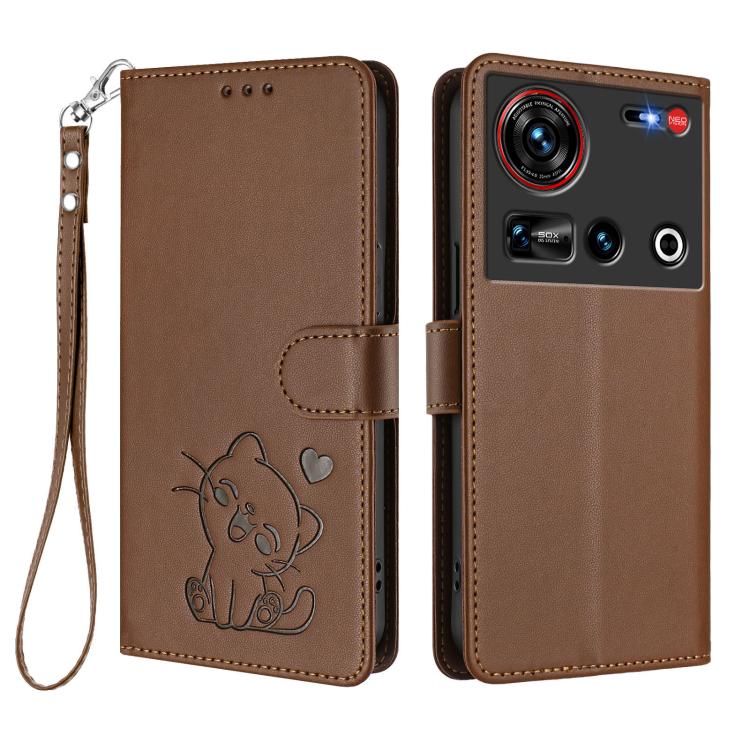 For ZTE nubia Z70 Ultra Embossed Heart Cat Leather Phone Case with Hand Strap