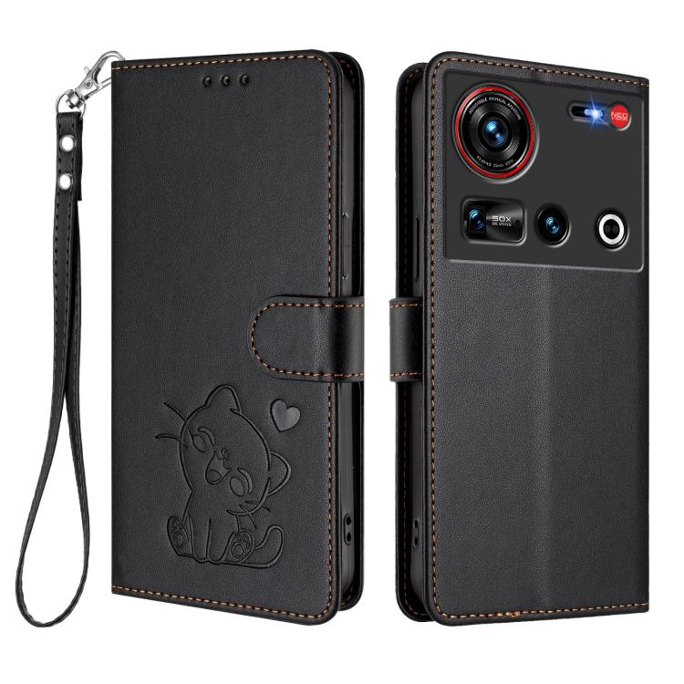 For ZTE nubia Z70 Ultra Embossed Heart Cat Leather Phone Case with Hand Strap