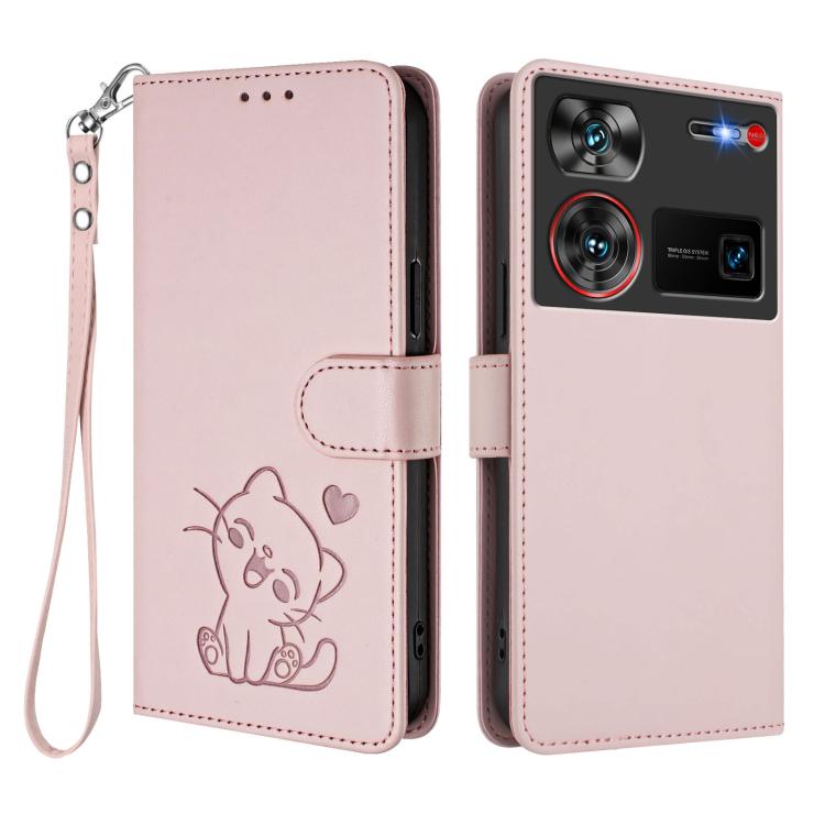 For ZTE nubia Z60 Ultra Embossed Heart Cat Leather Phone Case with Hand Strap