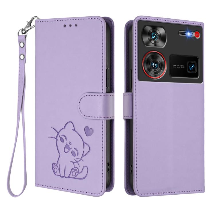 For ZTE nubia Z60 Ultra Embossed Heart Cat Leather Phone Case with Hand Strap