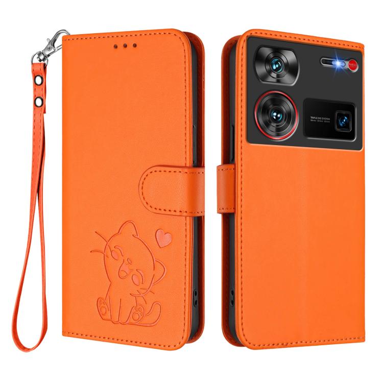 For ZTE nubia Z60 Ultra Embossed Heart Cat Leather Phone Case with Hand Strap
