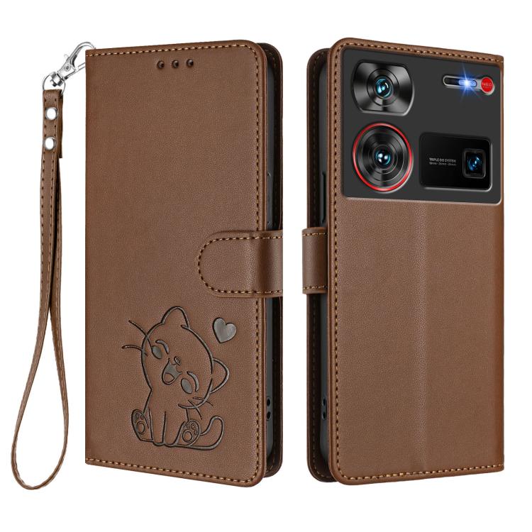 For ZTE nubia Z60 Ultra Embossed Heart Cat Leather Phone Case with Hand Strap