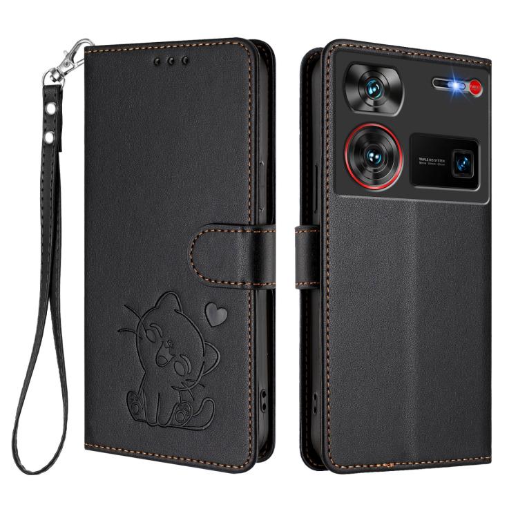 For ZTE nubia Z60 Ultra Embossed Heart Cat Leather Phone Case with Hand Strap